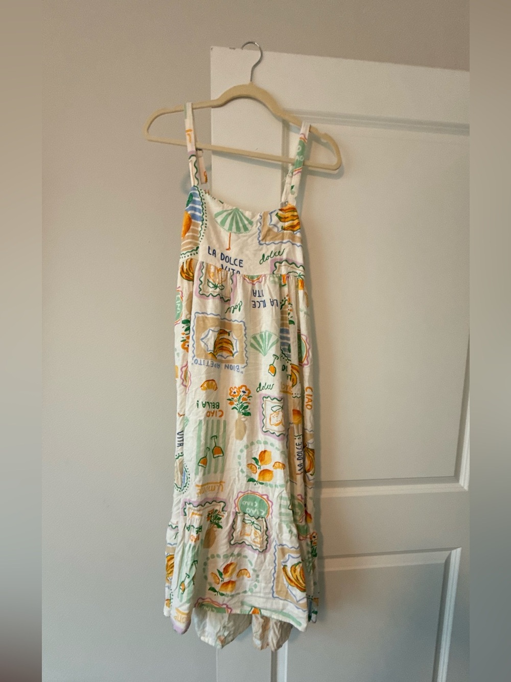 White Printed Maxi Dress with Pastel Citrus & Shell Motif - Picture 2 of 9